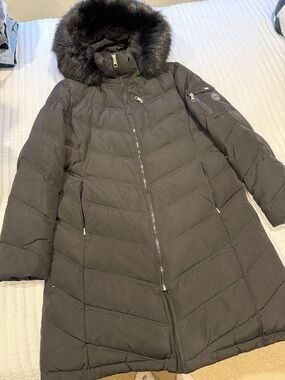 Calvin Klein Black Quilted Long Puffer Coat with Faux Fur Hood